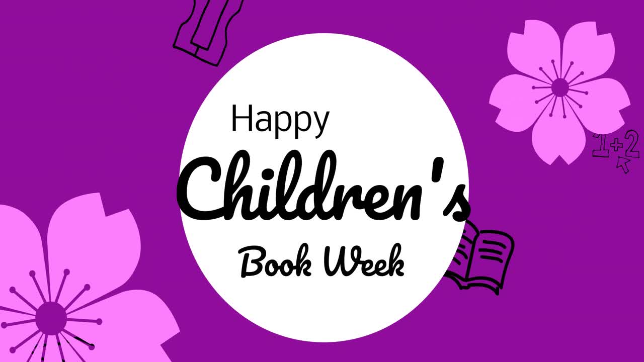 Animation of happy children's book week text over white circle on purple background