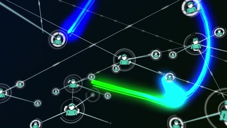 Animation-of-network-of-connections-of-user-icons-on-black-background-with-blue-and-green-lights