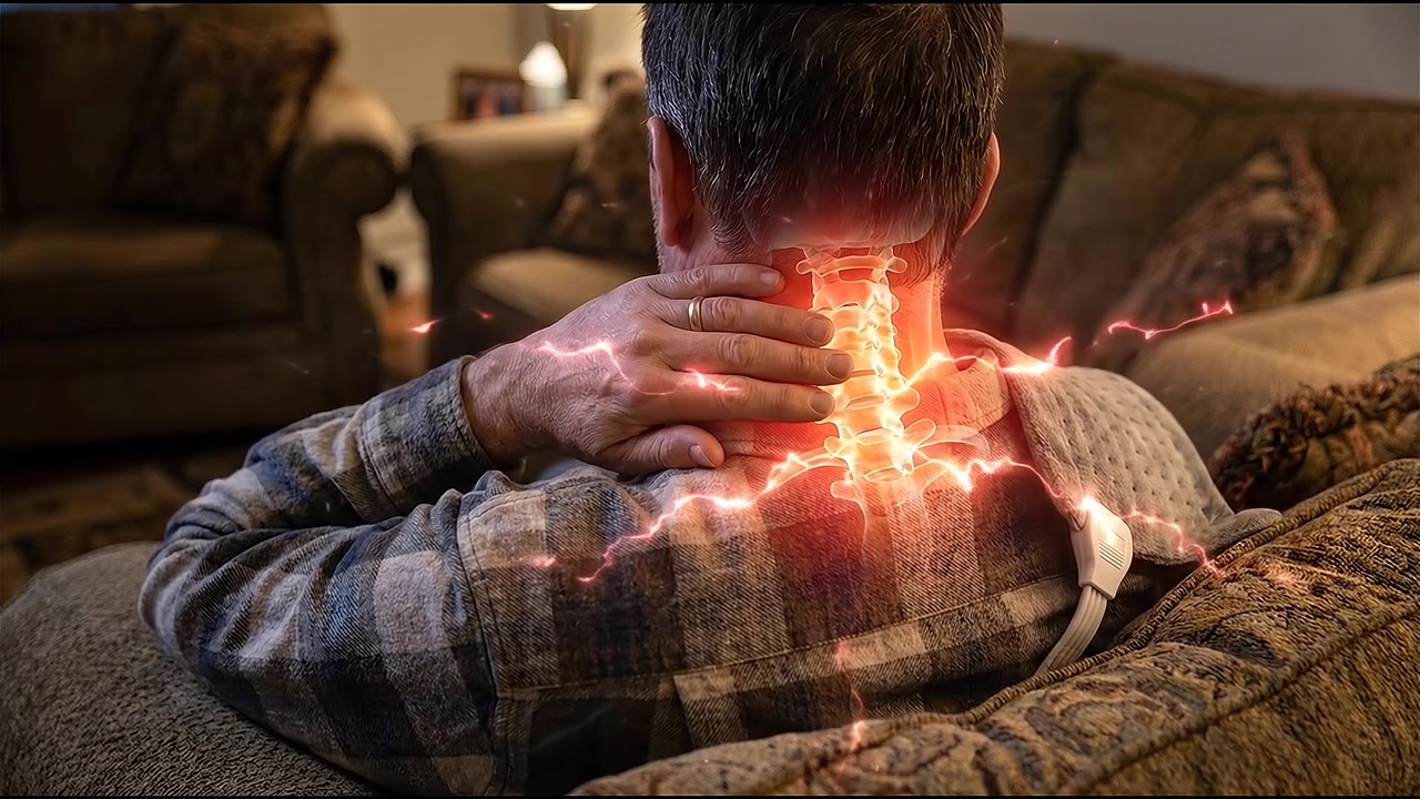 Hombre sufriendo de dolor de cuello en casa.