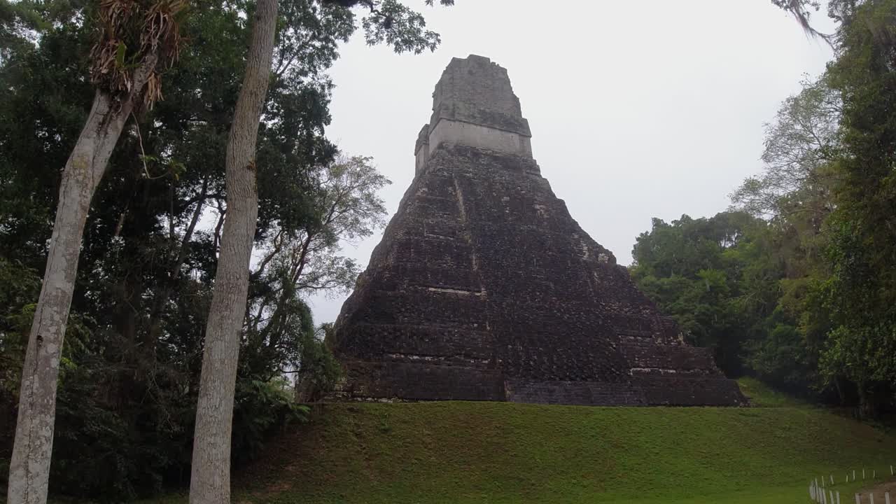 lado trasero de la alta pirámide del templo en las ruinas mayas de tikal bajo una lluvia torrencial