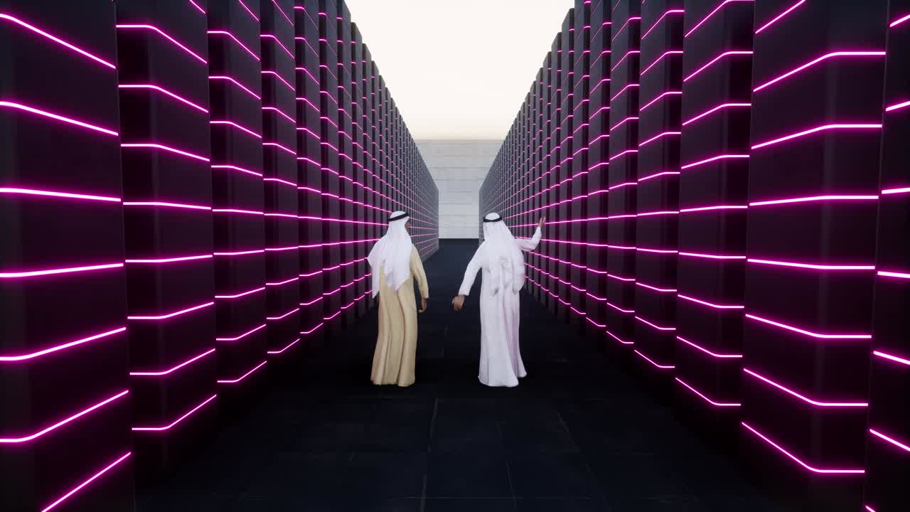 일하는 아프리카 무슬림 아랍 과학자 현대 데이터 센터 빅 데이터 개념 4k