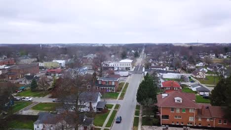 aerial view flying over quiet sheridan town idyllic autumn neighbourhood property in indiana