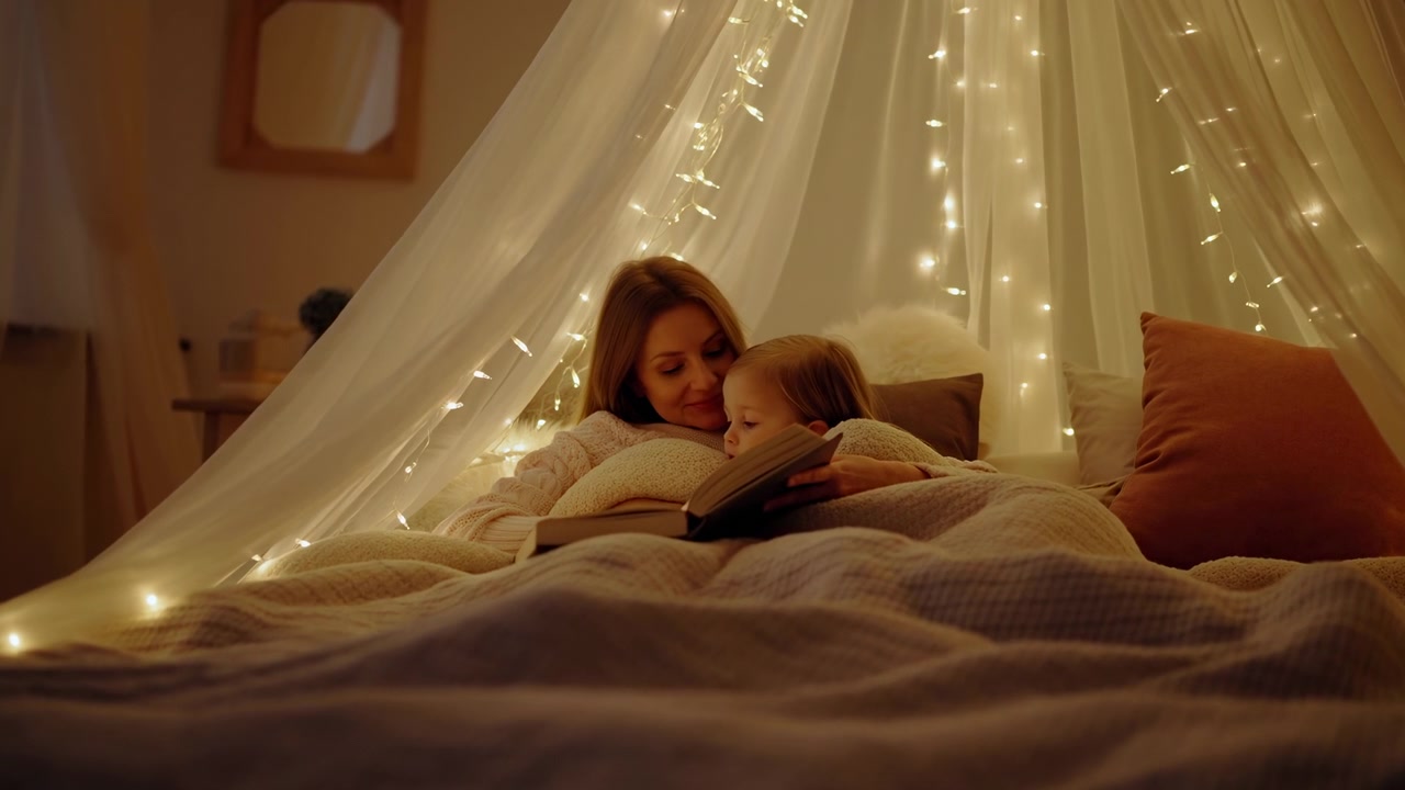 Mother Reading Bedtime Story Under Canopy Of Warm Fairy Lights, Cozy Bedroom Scene With Soft Pillows