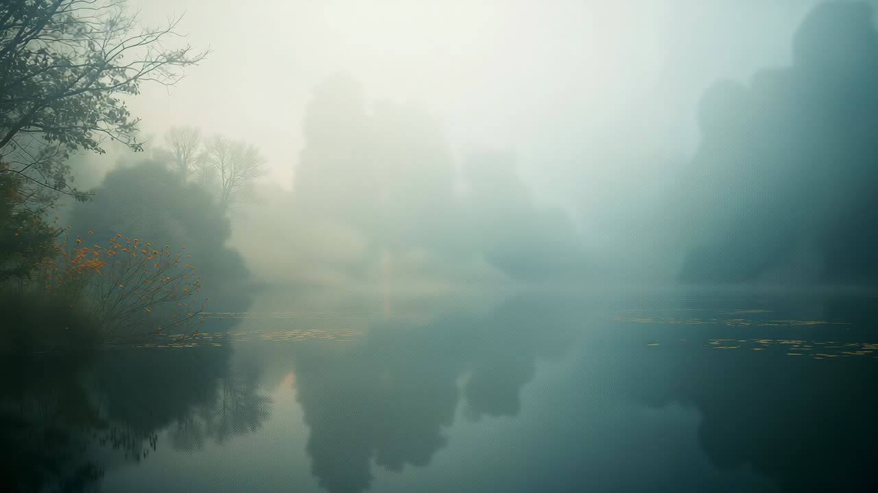 Drifting fog crossing calm lake at lakeshore, with tree silhouettes, autumn leaves, lily pads