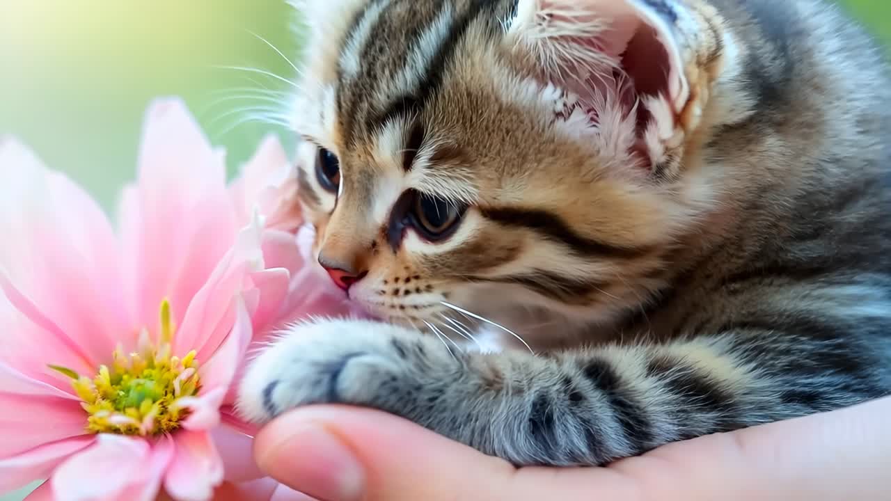 A small kitten is sitting in a person's hand with a pink flower