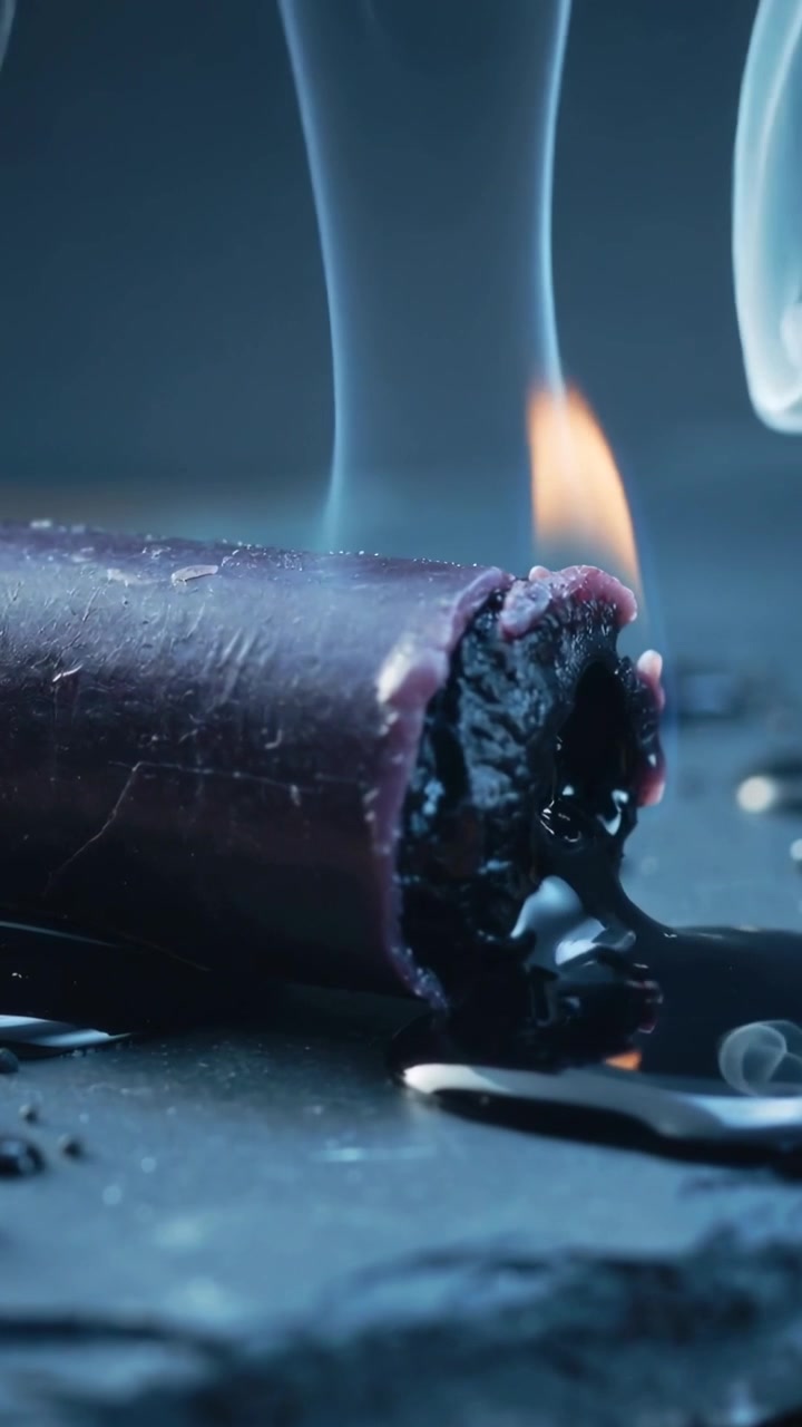 Video verticale: Stoppino carbonizzato che cova riaccendendo un mozzicone di candela viola su ardesia, con fumo che si arriccia.