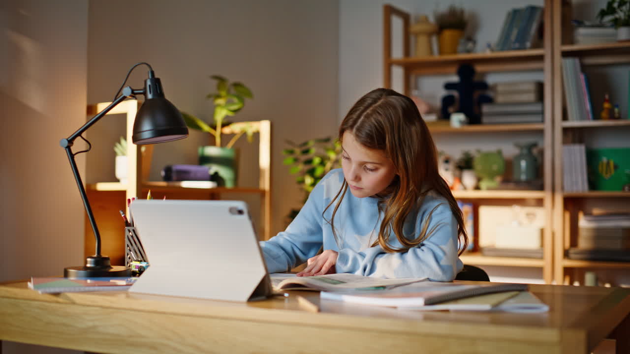 School student have zoom meeting studying online home workplace closeup