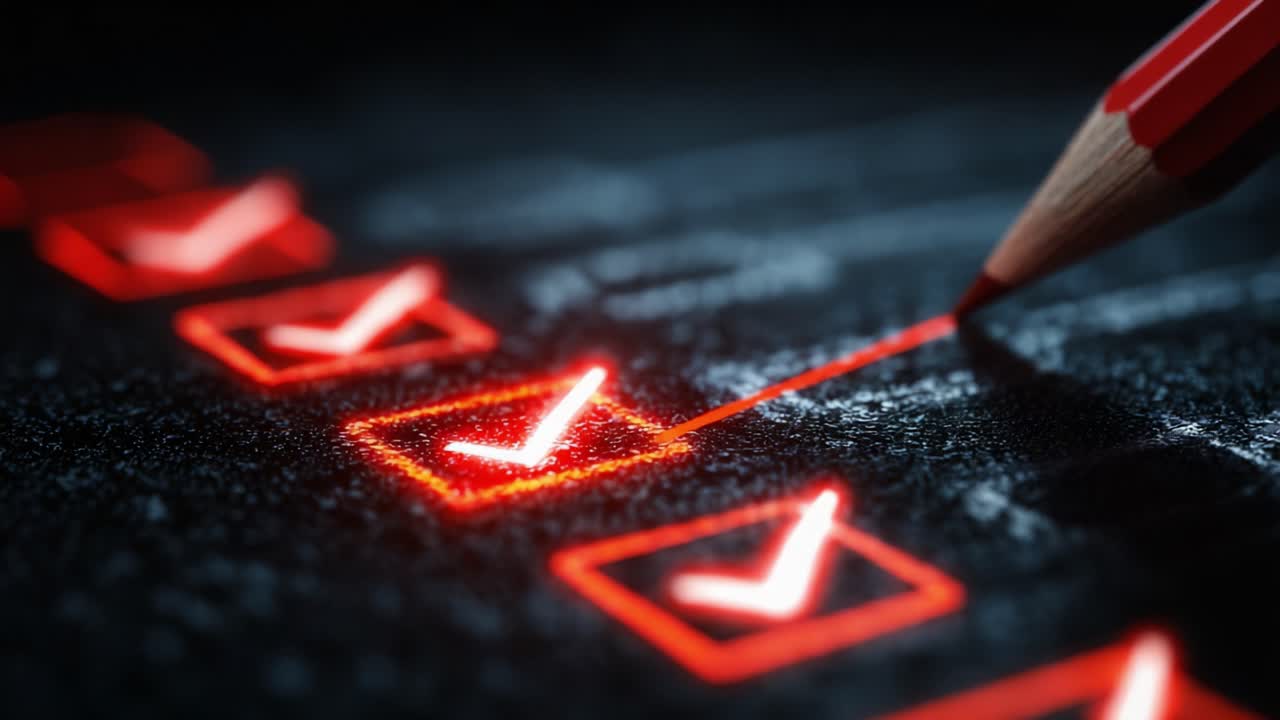 A Close-up View of a Red Pencil Marking Completed Tasks on a Dark Checklist with Bright Checkmarks, Emphasizing Accomplishments and Organization