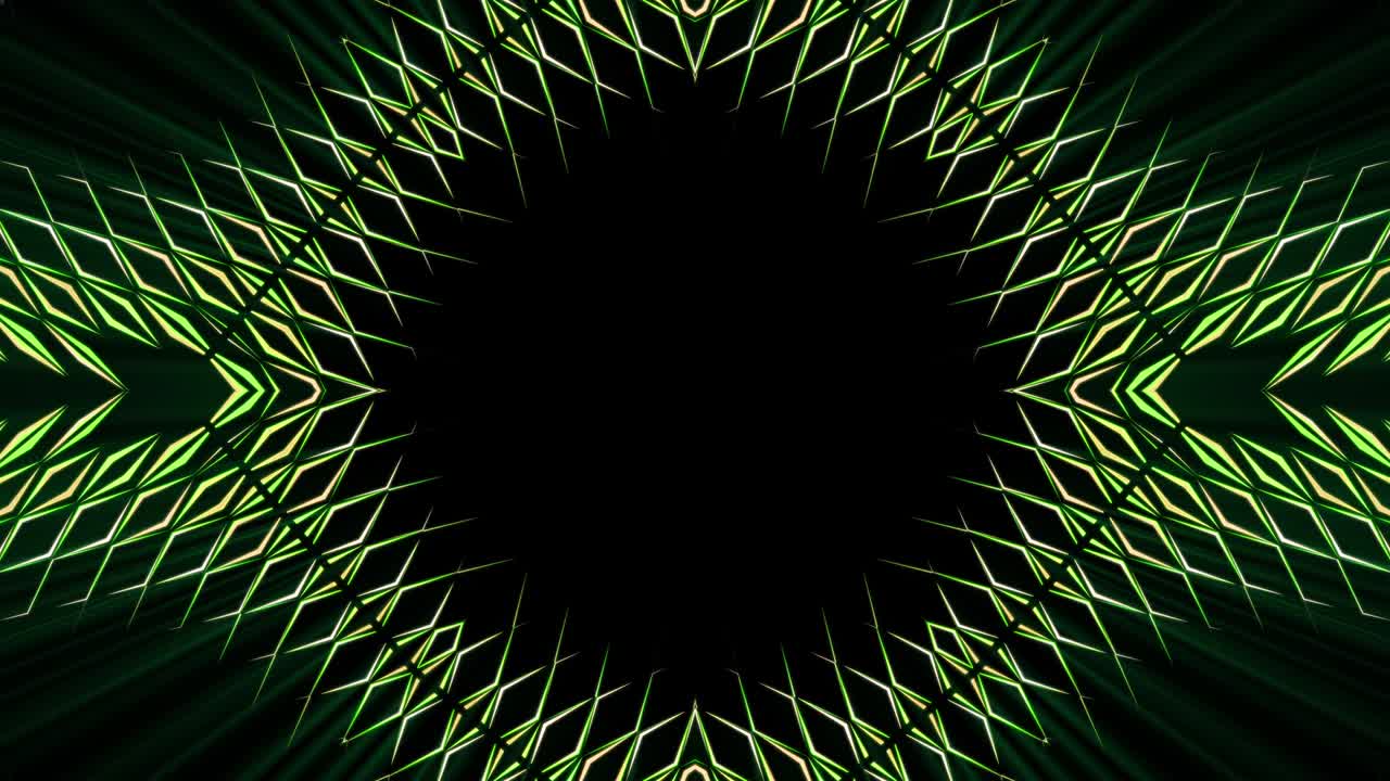 Sfondo astratto di corridoio caleidoscopico con forme geometriche in movimento che brillano con luci al neon lampeggianti.