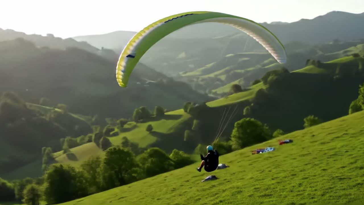 Witness a thrilling paragliding adventure over lush green hills at sunset, showcasing breathtaking mountain views and the beauty of nature. Perfect activity for adventure seekers.