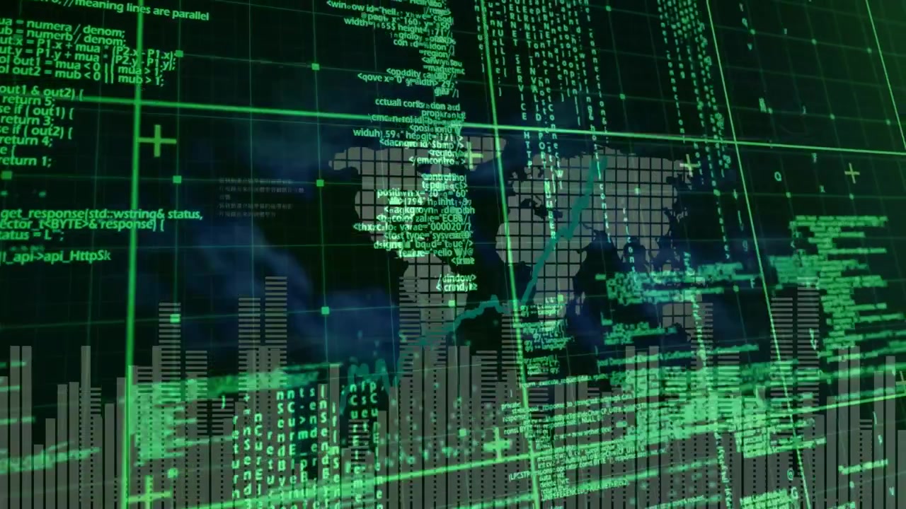 Animazione di elaborazione dati finanziari su una mappa del mondo.