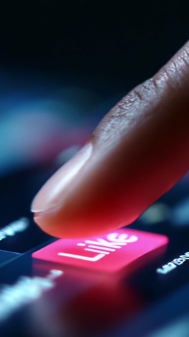 A Close-Up View of a Finger Hovering Over a Brightly Colored 'Like' Button on a Digital Device, Highlighting the Intention to Engage with Content in a Social Media Context