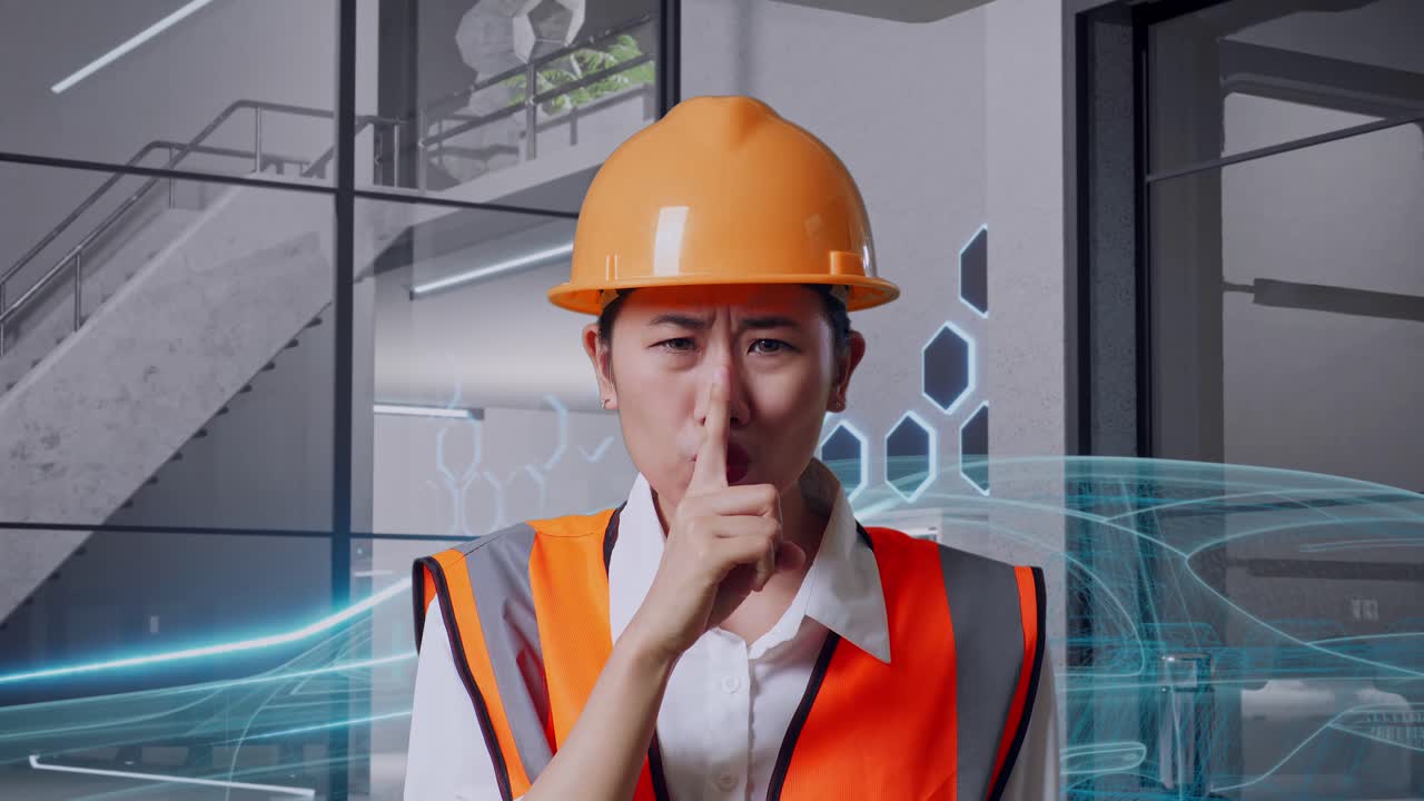 안전 헬을 입은 아시아 여성 엔지니어가 전기 차량의 개념을 가지고 서 있는 동안 shh 제스처를 하고 있습니다.