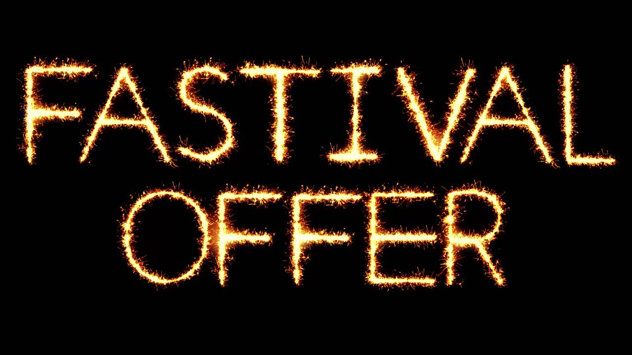 Festival offer text sparkler writing with glitter sparks particles firework on black 4k loop