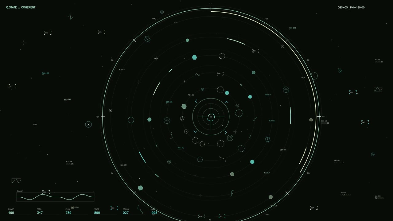 Un sofisticato display head-up con un reticolo di mira centrale circondato da anelli concentrici rotanti e indicatori di dati geometrici. L'interfaccia include letture di telemetria in tempo reale come.