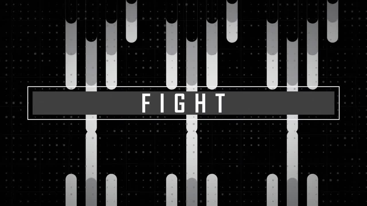 animación de texto de lucha en blanco en bandera gris formas abstractas monocromáticas en fondo negro