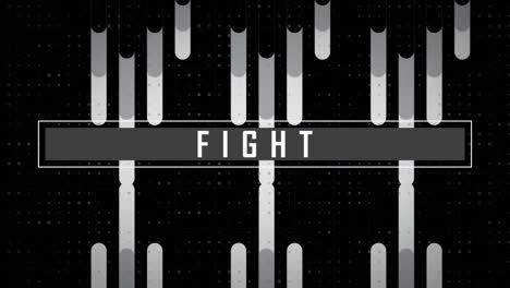 animation of fight text in white on grey banner monochrome abstract shapes on black background