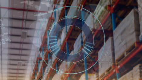 animation of blue safe lock and data processing over warehouse