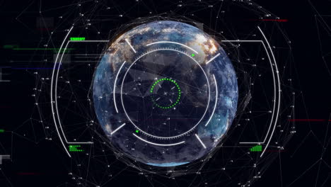animación de la técnica de glitch y círculos sobre puntos conectados con números alrededor del globo