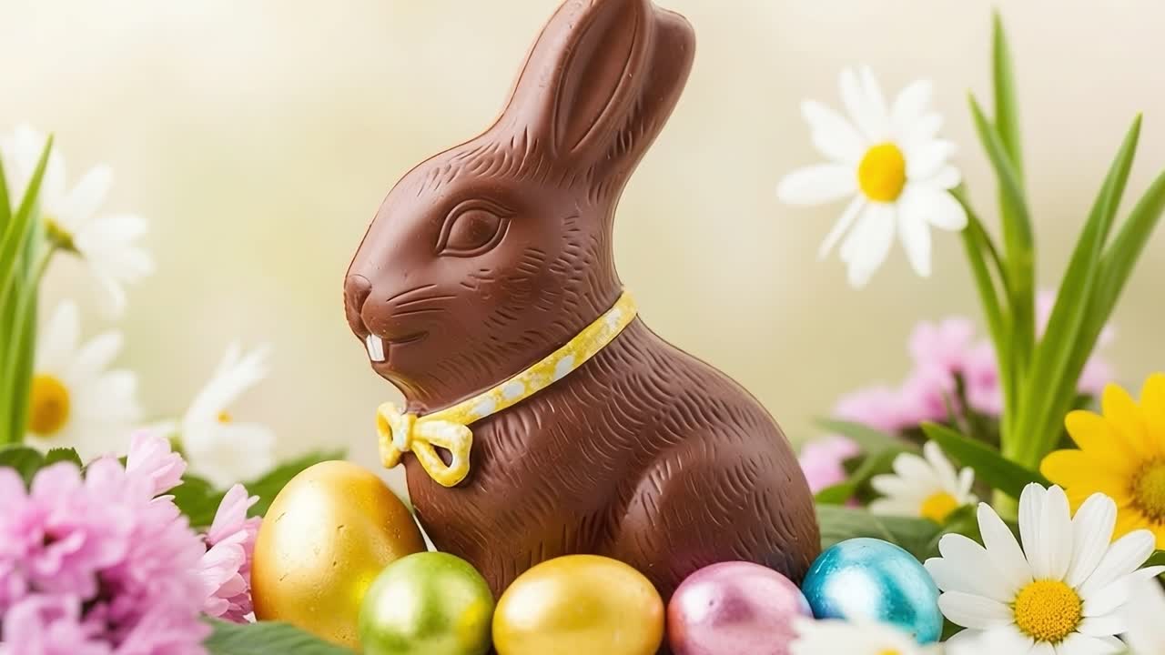 Coelho de Chocolate Delicioso Rodeado por Ovos Coloridos e Flores Vibrantes, Evocando a Alegria da Primavera e Celebrações de Páscoa com Doces Guloseimas e Cores Festivas