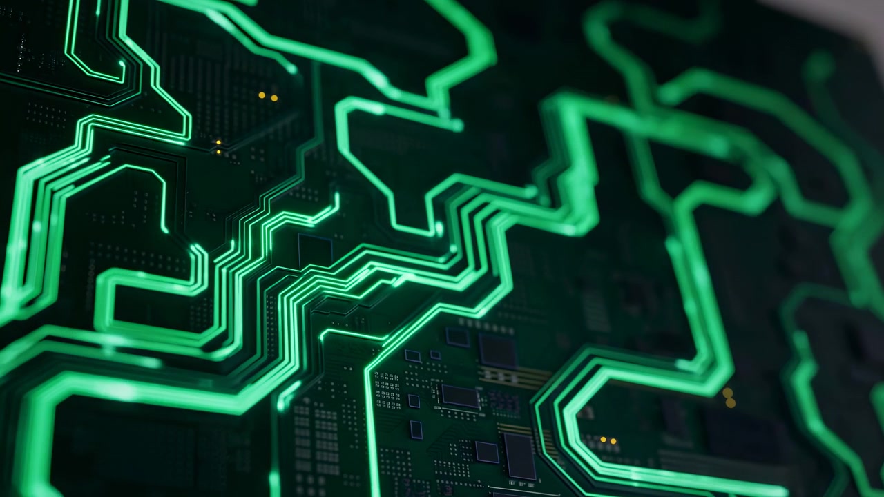 Close oblique macro showing bright neon green conductive traces forming angular pathways across dark multilayer printed circuit board, with fine surface texture, sharp contrast, and modern