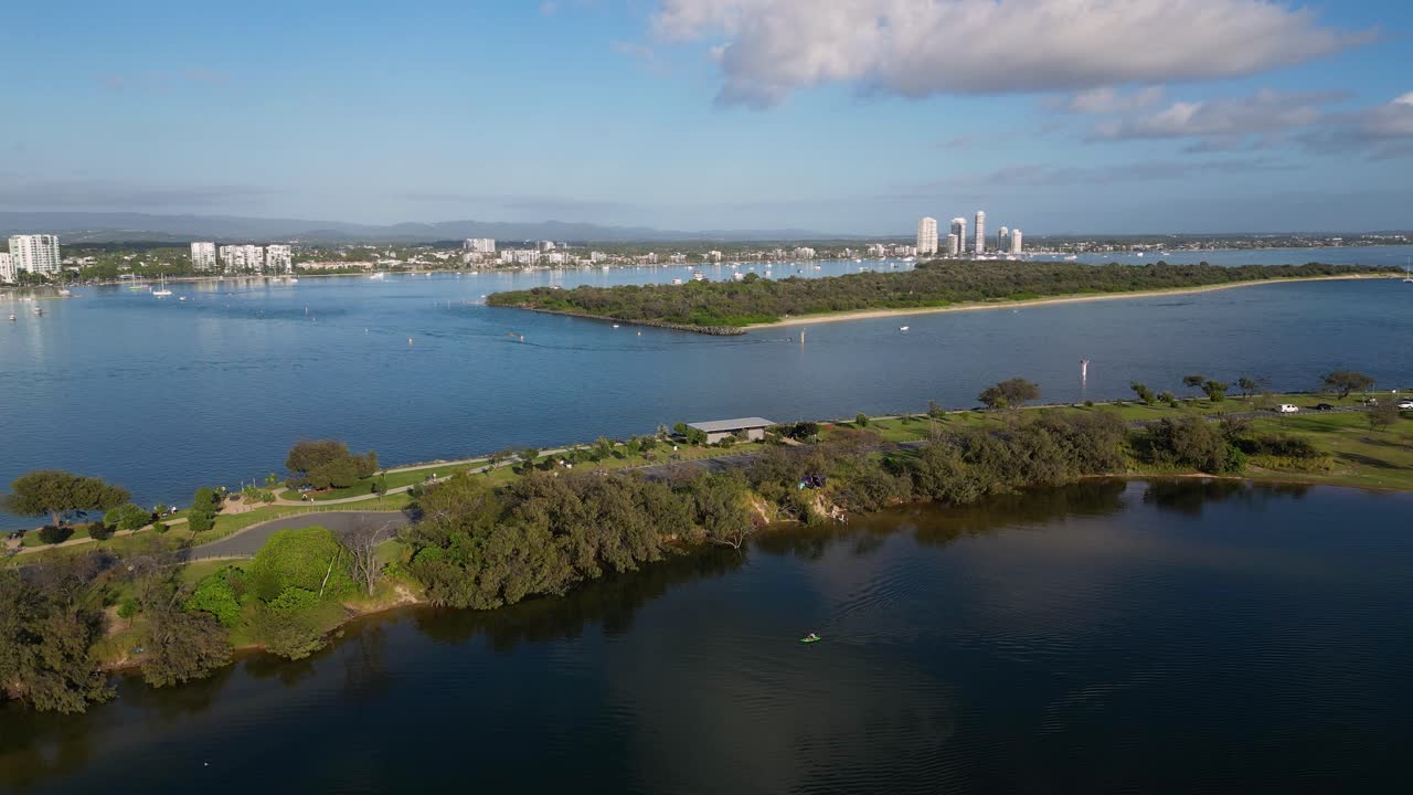 Aerial View over Doug Jennings Park looking West over the Broadwater, Gold Coast, Australia.