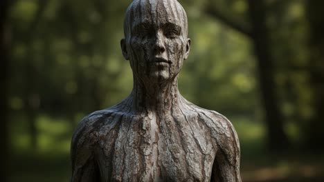 striking transformation of a human figure wrapped in natural elements, showcasing intricate textures and harmonious integration with the surrounding forest environment