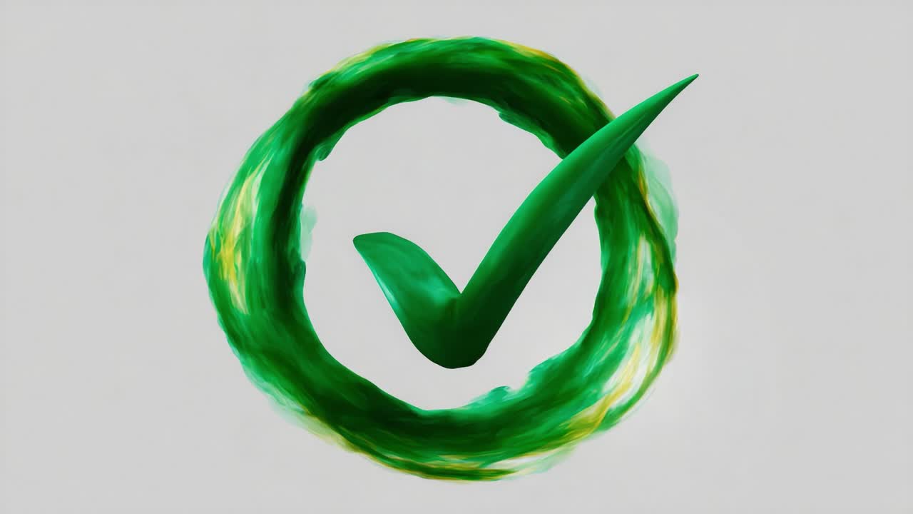 Dynamic Green Checkmark Symbol: A Visual Representation of Success, Completion, and Affirmation in a Modern Digital Context with Fluid Brushstroke Effects