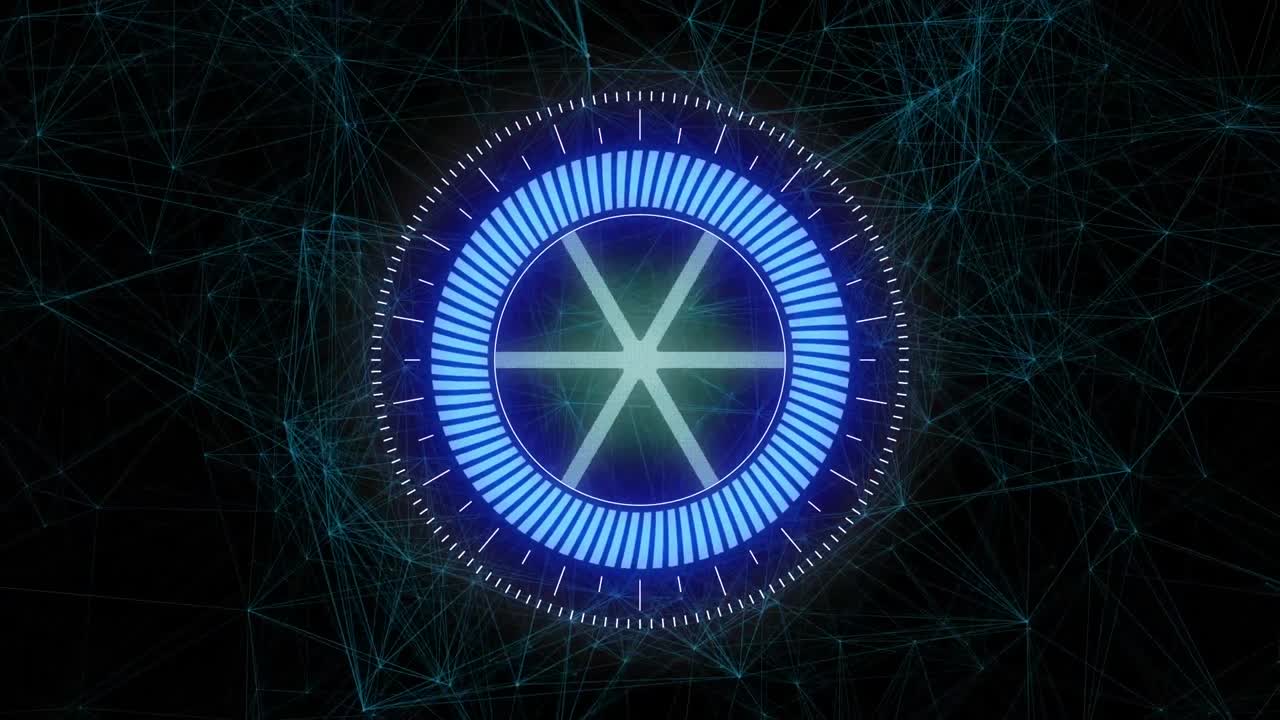 Animation of spinning neon round scanner and network of connections against black background