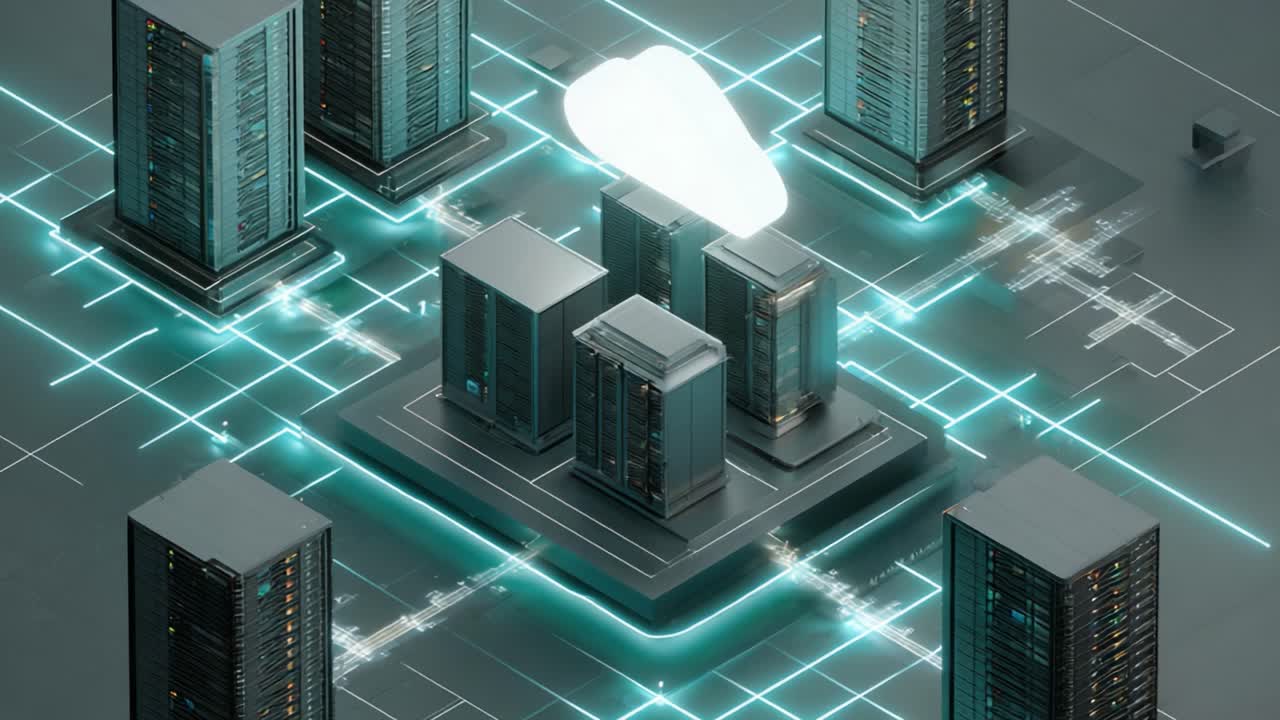 Futuristic Digital Infrastructure: An Advanced Data Center Model with Cloud Integration and High-Speed Connections Depicted in a Sleek, Minimalist Design