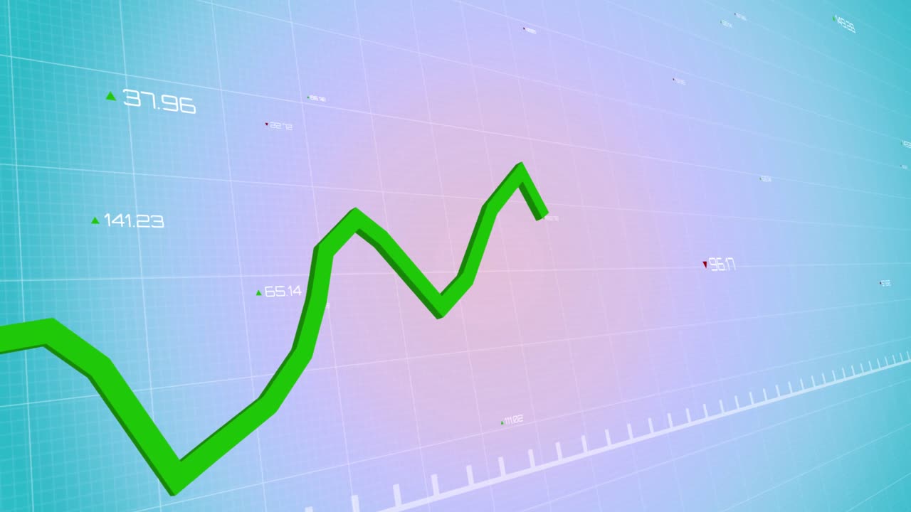 Animazione di elaborazione dati statistici su una rete a griglia su uno sfondo sfumato blu
