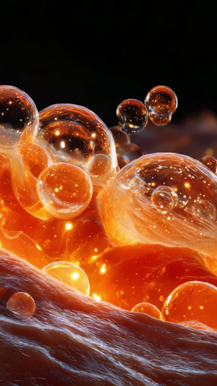 Un'ipnotica vista ravvicinata di bolle luminose e particelle vibranti sospese in una texture fusa e infuocata, che mette in mostra l'affascinante bellezza del movimento dinamico dei fluidi