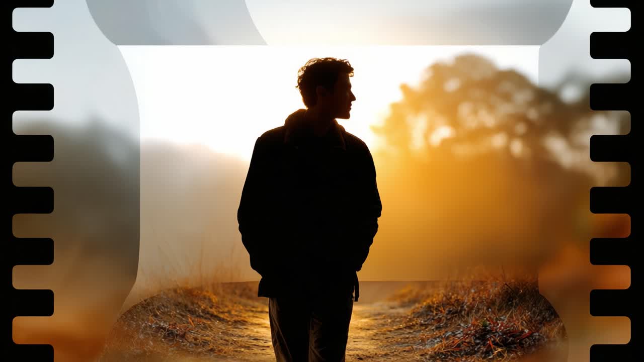 Uma silhueta contemplativa de um jovem caminhando por um caminho banhado pelo sol, capturada em dois frames que mostram a essência da reflexão e da aventura