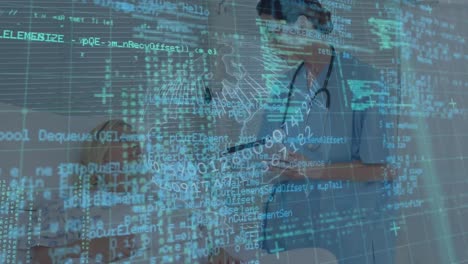 animación del procesamiento de datos digitales a través de una placa de circuitos informáticos y una rejilla