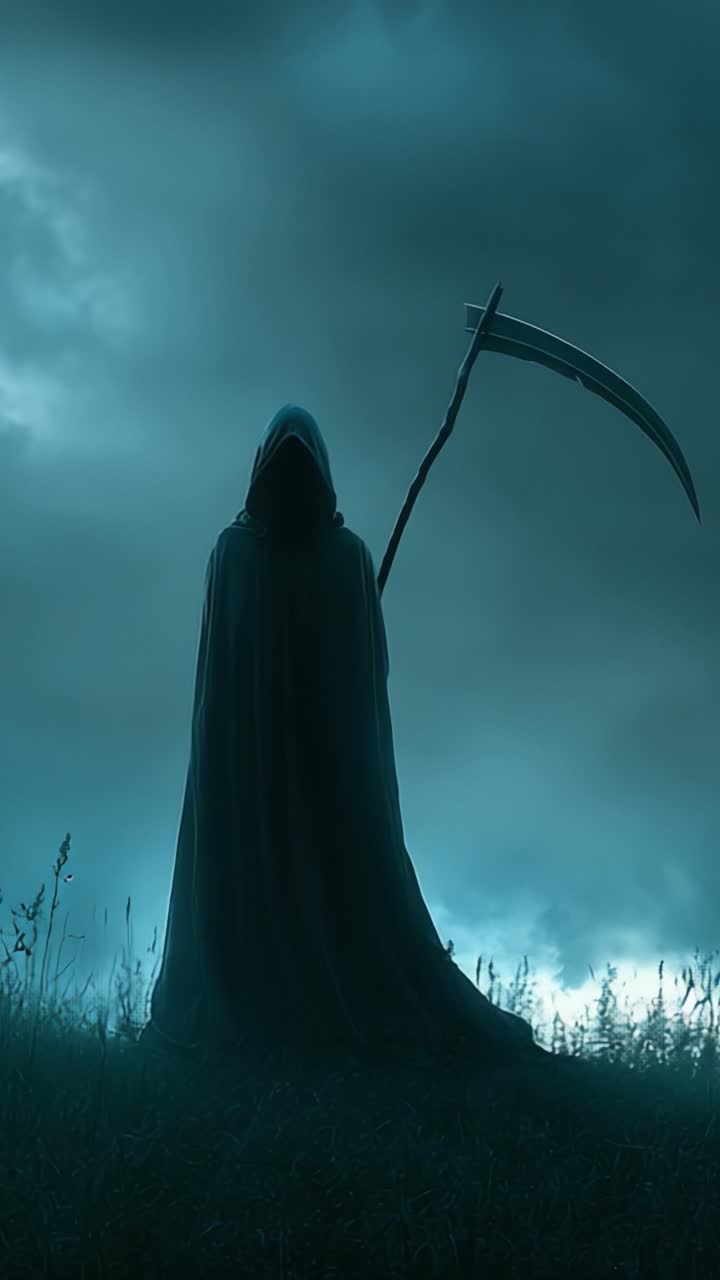 Una figura misteriosa avvolta nell'oscurità impugna una falce contro uno sfondo cupo di nuvole minacciose, evocando temi di morte e soprannaturale.