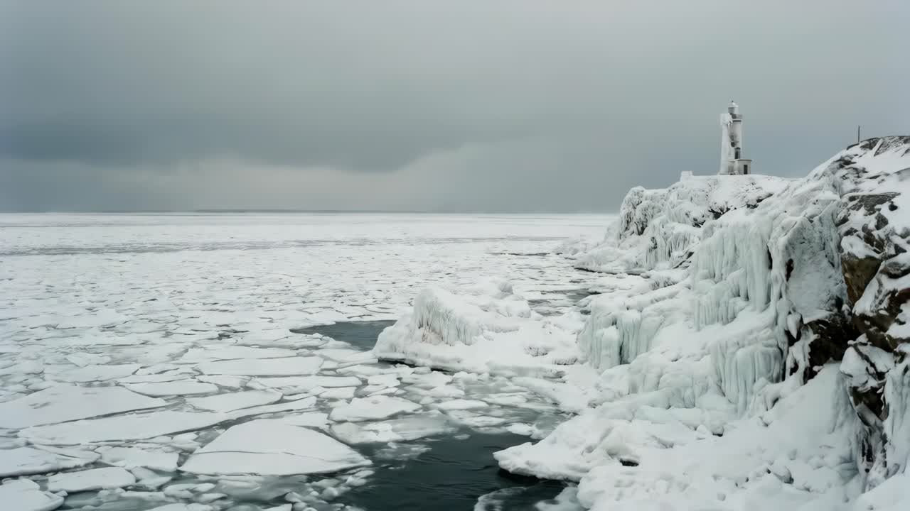 Faro en costa helada con mar congelado y rocas cubiertas de nieve