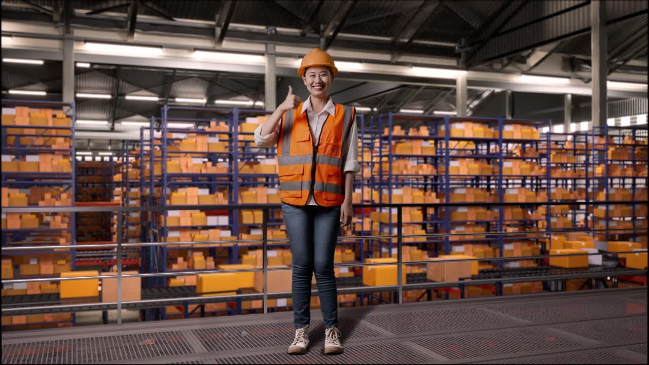 cuerpo lleno de ingeniera asiática con casco de seguridad de pie en el almacén con estantes llenos de productos de entrega. sonriendo y mostrando los pulgares hacia arriba gesto a la cámara en el almacenamiento