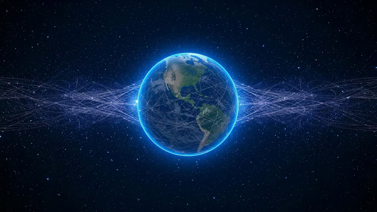 Terra blu emergente che ruota su un campo stellato, alone luminoso pulsante, trame di scie bianche intrecciate