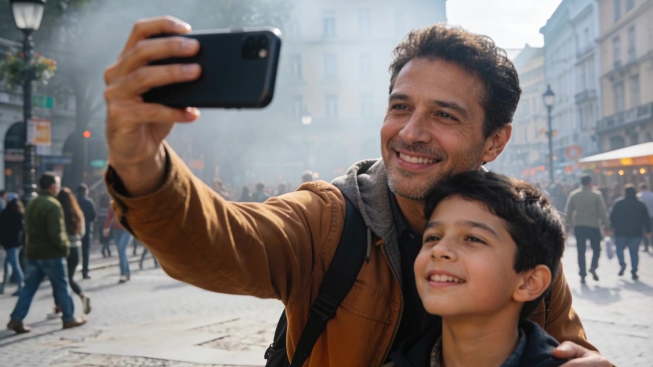 Padre che estende il braccio destro scattando selfie con il figlio che tiene il telefono durante un tour della città, indossando una giacca marrone.