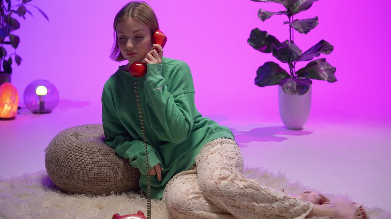 A young woman in a green sweatshirt and lace pants sits relaxed on a soft rug, talking on a red rotary phone. Surrounded by warm light and houseplants, the mood blends nostalgia with comfort