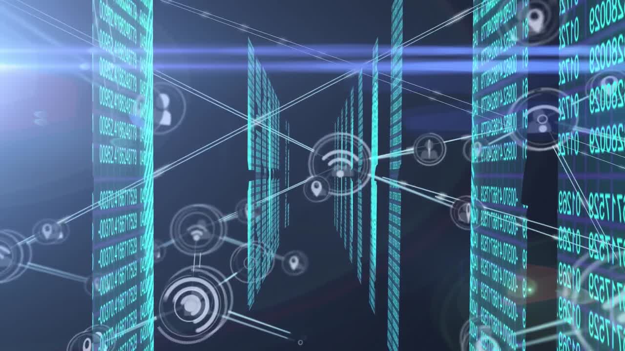 Animation of moving profile, gps and computer network icons connecting with lines over binary codes