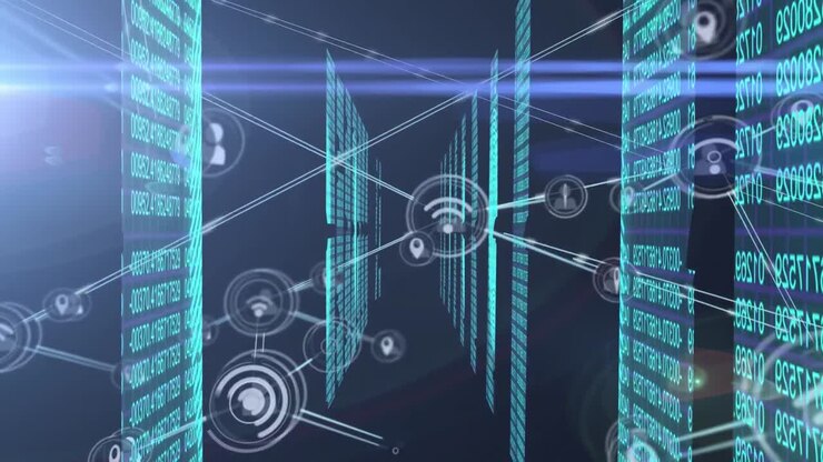 Animation of moving profile, gps and computer network icons connecting with lines over binary codes