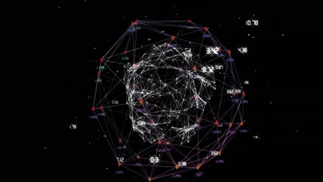 Animation-of-globe-of-network-of-connections-spinning-against-black-background