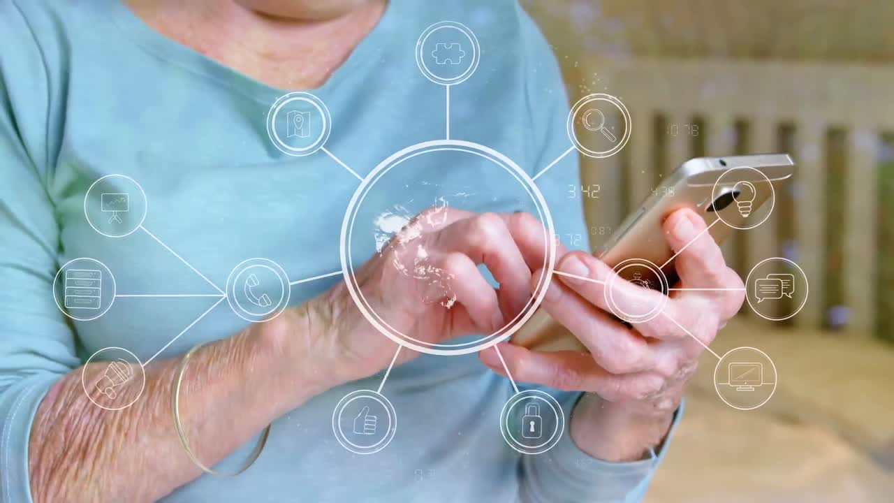 animación de la red de conexiones a través de mujeres mayores usando teléfonos inteligentes