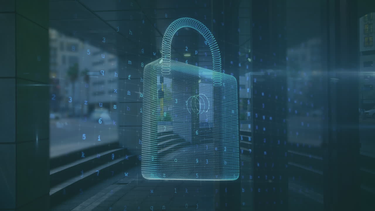 animatie van online beveiliging hangslot over gegevensverwerking en leeg kantoor