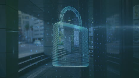 animación del candado de seguridad en línea sobre el procesamiento de datos y la oficina vacía