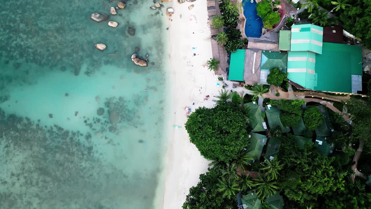 vista aérea de arriba hacia abajo de la playa de coral en koh samui, con aguas claras y una pintoresca costa tropical