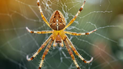 stripped leg orange spider perching motionlessly on delicate silk web, blending against soft green background in natural garden ecosystem