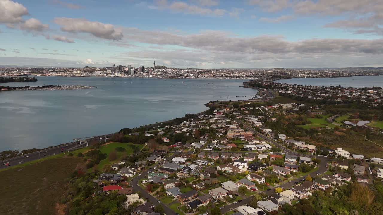 Panoramic aerial view of Auckland city, the Northcote area and Shoal Bay, New Zealand