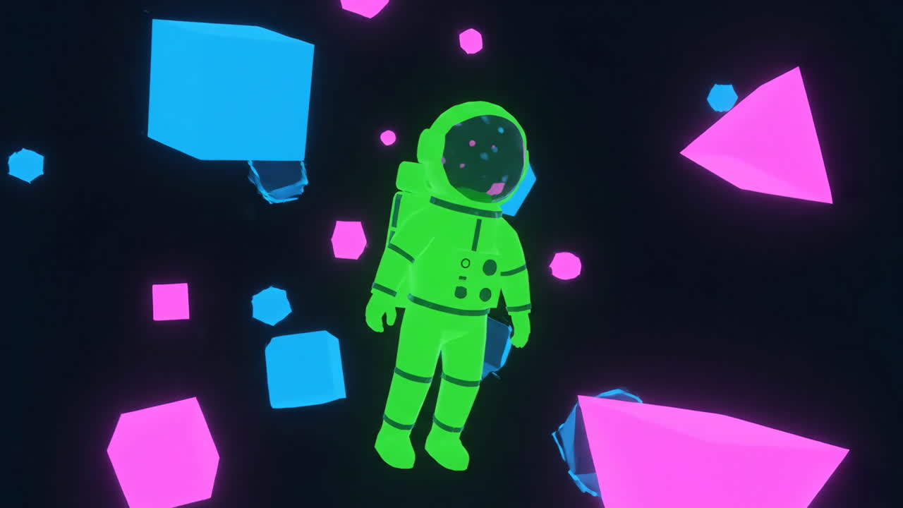 Neon Astronaut Floating in Abstract Cosmic Space
